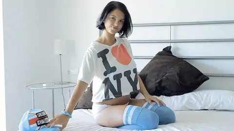 Nubile stunner taunting with immense innate mounds and petite rump