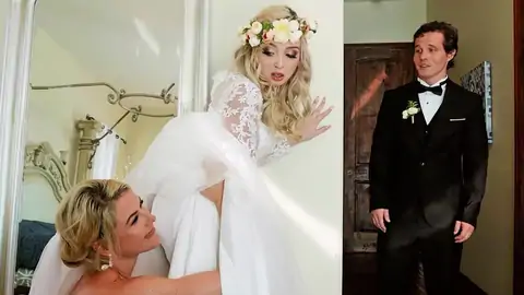 The groom catches the wife scissoring a damsel/chick