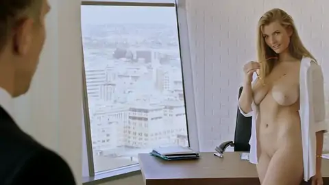 Ultra-Super-cute ash-blonde with blue eyes gets facialized in her office