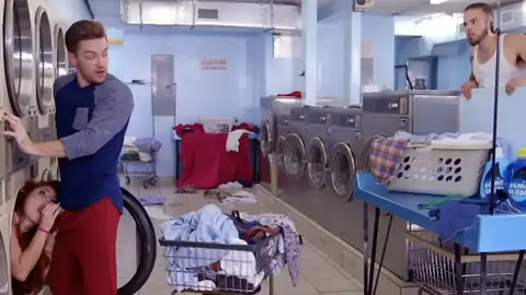Crimson-Haired is giving a deep throat at the laundromat