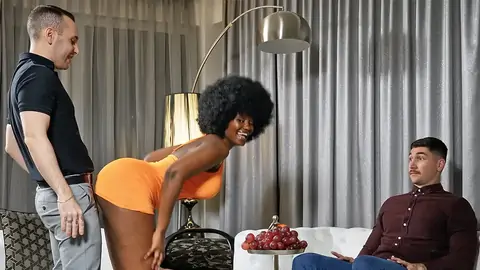 Ebony sweetie on her knees gives husband's chief a fellatio