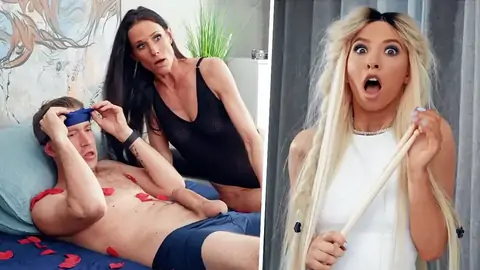 Eyes covered guy getting a hand-job by Kenzie Reeves