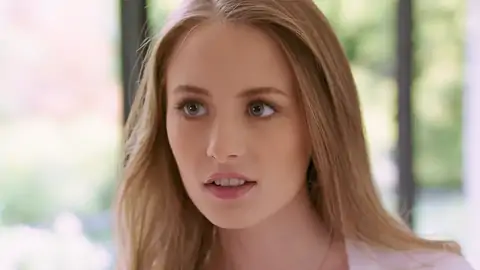 Appreciative platinum-blond stunner is on her knees for a facial cumshot