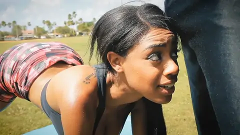 Athletic dark-hued is encountered outdoor and she is seduced