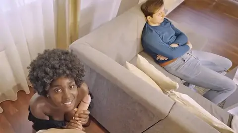 Dark-hued ultra-cutie with bouncy booty tears up while beau sleeps